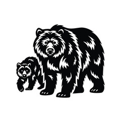 Monochrome depiction of a mother bear with her cub in bold illustration