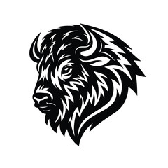 Graphic black and white bison head with intricate fur and horn patterns