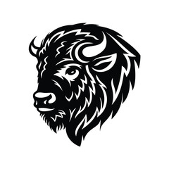 Monochrome illustration of a bison head with detailed features and fur