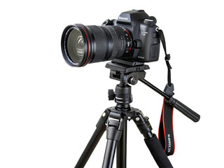 Professional Digital SLR Camera Mounted on Tripod for Photography and Videography in Studio Setting Black Background Still Life Composition
