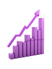 Purple 3D bar graph with an upward arrow showing growth and success. positive business finance chart indicating increase, progress, and financial achievement