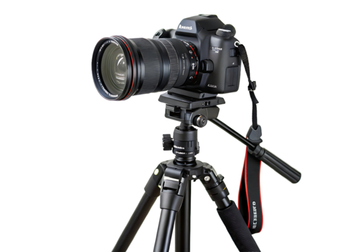 Professional Digital SLR Camera Mounted on Tripod for Photography and Videography in Studio Setting Black Background Still Life Composition - Powered by Adobe