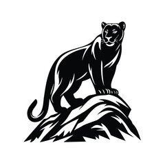 Black panther standing proudly atop a rocky outcrop in silhouette art style