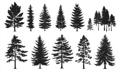 The silhouettes of fir trees are set against a background of horizontal coniferous spruce patterns, depicted in a modern black evergreen woods illustration