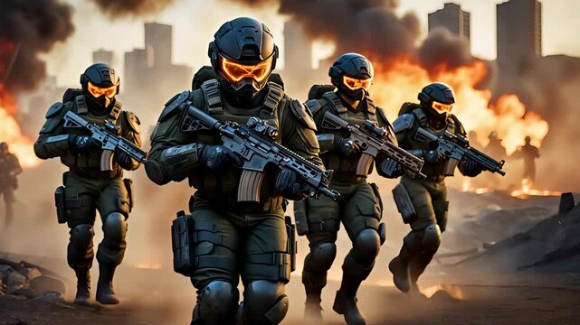 Armed soldiers in tactical gear walking through destroyed urban battlefield with smoke fire and city skyline background