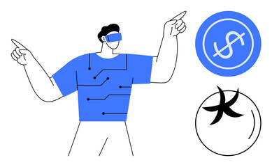 Person wearing VR headset interacts with digital elements connected to circuit-thumbs up lines. Includes dollar circle and abstract sphere. Ideal for innovation, finance, virtual reality, technology