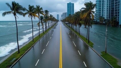 Obraz premium Flooded coastal road during a hurricane, palm trees lining the street, ocean waves crashing on shore, high-rise buildings in the background