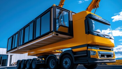 A yellow truck transports a modern modular building, likely for quick and efficient construction or relocation