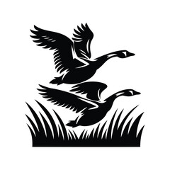 Two geese taking flight from grassy patch depicted in silhouette artwork © MH Shipon