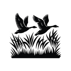Silhouette of two ducks flying above the grass in a minimal style