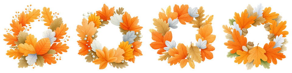 Obraz premium Kids thanksgiving clipart set watercolor, Four circular wreaths crafted from vibrant autumn leaves and delicate flowers, showcasing shades of orange, yellow, and white.