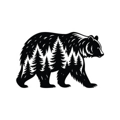 Monochrome Silhouette of a Bear Filled with Evergreen Trees in Negative Space