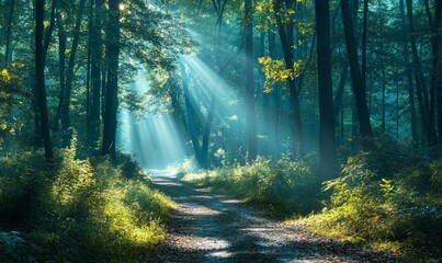 Naklejka premium On a sunny day, the sun shines through the trees in the forest with the help of generative AI