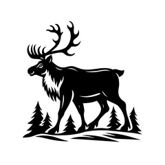Majestic Black and White Reindeer Silhouette Amidst Evergreen Trees Illustration