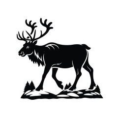 Black Silhouette of a Noble Reindeer with Antlers Walking in a Forest