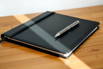 Black notebook with elastic band and silver pen on wooden desk