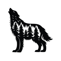 Black and white wolf howling with forest trees inside illustration vector