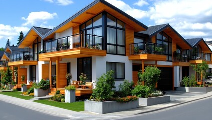 Luxurious modern townhouses with wooden accents and spacious balconies boast stunning architecture