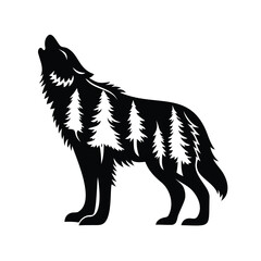 Silhouette of a Howling Wolf with Pine Trees Filling its Body