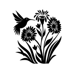 Silhouette of hummingbird flying near flowers in a garden on a white background