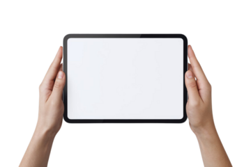 Hands holding modern tablet with blank screen perfect for website mockups and app presentations