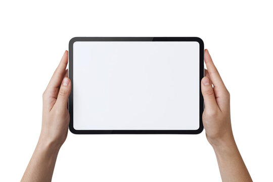 Hands holding modern tablet with blank screen perfect for website mockups and app presentations
