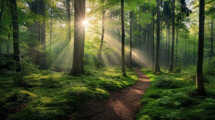 Obraz premium The forest is particularly beautiful in spring when the bright sunlight filters through the trees