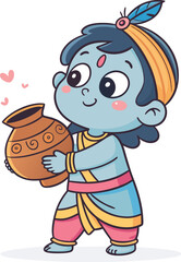 Cute Cartoon Baby Krishna Holding a Pot of Butter Hindu God Bal Gopal Line Drawing Minimalist Baby Krishna and Makhan Pot Vector