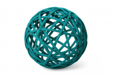 Intricate turquoise sphere crafted with woven fibers, showcasing meticulous craftsmanship and harmonious design on a transparent background
