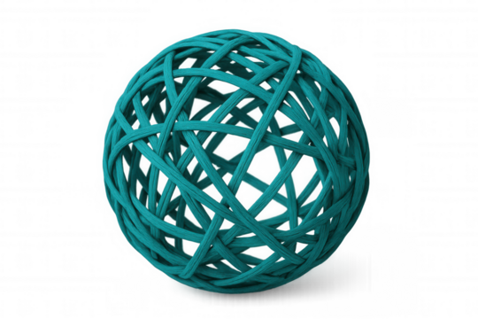 Intricate turquoise sphere crafted with woven fibers, showcasing meticulous craftsmanship and harmonious design on a transparent background