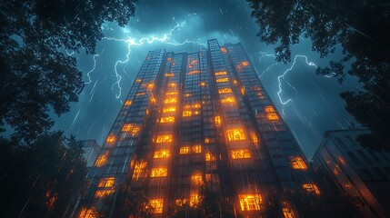 Tall building illuminated during storm