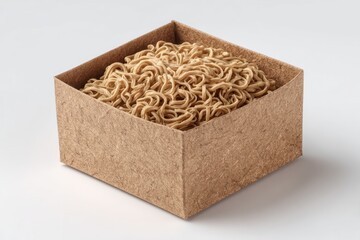 A square, light brown, cardboard box filled with a mound of dried, light brown noodles sits on a white background