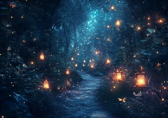 Naklejka premium A separate world deep in the forest is accessible via a winding path, perfect for inspiring fairy tale illustrations or wallpaper, with a magical atmosphere and fireflies that light up the night