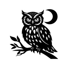 Stylized black and white illustration of an owl perched on a branch