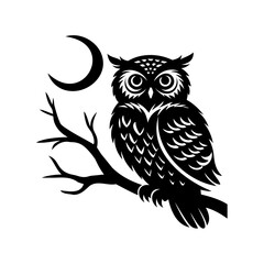 Stylized Silhouette of an Owl Perched on a Branch Under a Crescent Moon