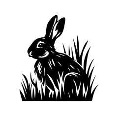 Black and white silhouette of a rabbit hiding in tall grass