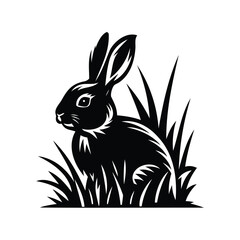 Monochrome depiction of a rabbit sitting amidst tall grass in silhouette