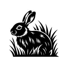 Monochrome Image of a Rabbit Hiding in Tall Grass, Simplified Vector Illustration