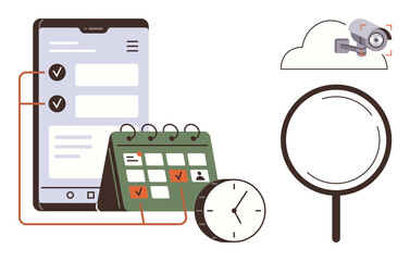 Mobile device showing tasks, calendar with checkmarks, clock, magnifying glass, cloud surveillance camera. Ideal for planning, productivity, time management, organization digital tools security