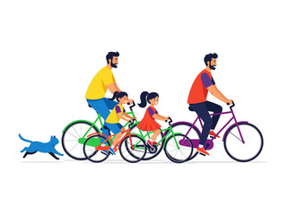 Obraz premium Family Bike Ride: A cheerful family, with their young children and a playful cat, embark on a sun-kissed bike ride. This scene exudes joy and family bonding.