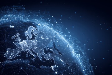 A digital illustration of the Earth with global network connections, representing connectivity and worldwide business exchange