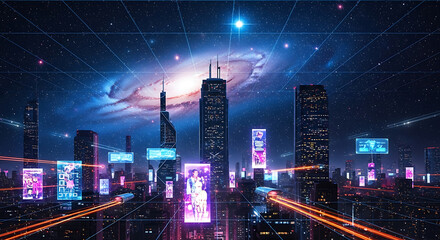 Futuristic cityscape with galaxy background neon lights and digital interface elements illustration