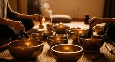 Serene sound healing session with multiple singing bowls, incense smoke, and warm ambient light.