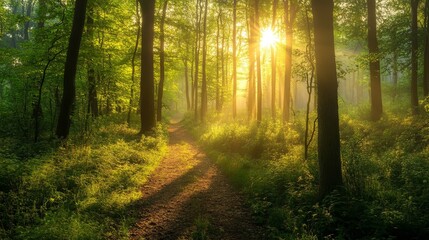 A serene forest scene unfolds at dawn, with mist gently drifting through the trees, a moss and fern carpet underfoot, and dew-kissed spider webs, all blending in flawless natural harmony