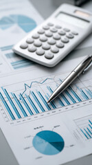 Close up of financial documents with calculator and pen on a desk analysis accounting