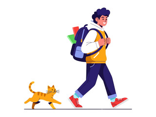 Adventures with Cat: A young adventurer, with a backpack, and followed by a curious orange cat. Embarking on a journey of exploration and discovery. Perfect for illustrating travel, friendship.