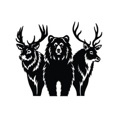 Obraz premium Black and White Graphic of a Bear and Two Deer with Antlers