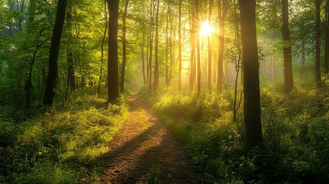 A serene forest scene unfolds at dawn, with mist gently drifting through the trees, a moss and fern carpet underfoot, and dew-kissed spider webs, all blending in flawless natural harmony - Powered by Adobe