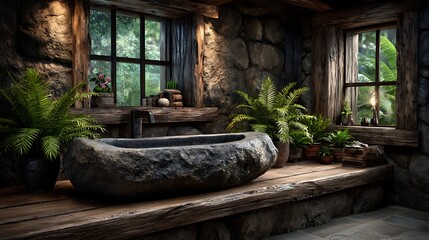 A realistic high-definition photo of a bathroom with stone sink and ambient light.