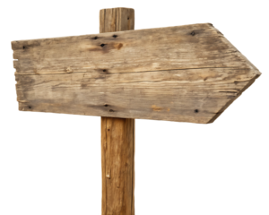 Rustic wooden arrow sign on a wooden post against a black background providing direction and wayfinding solutions for your design projects